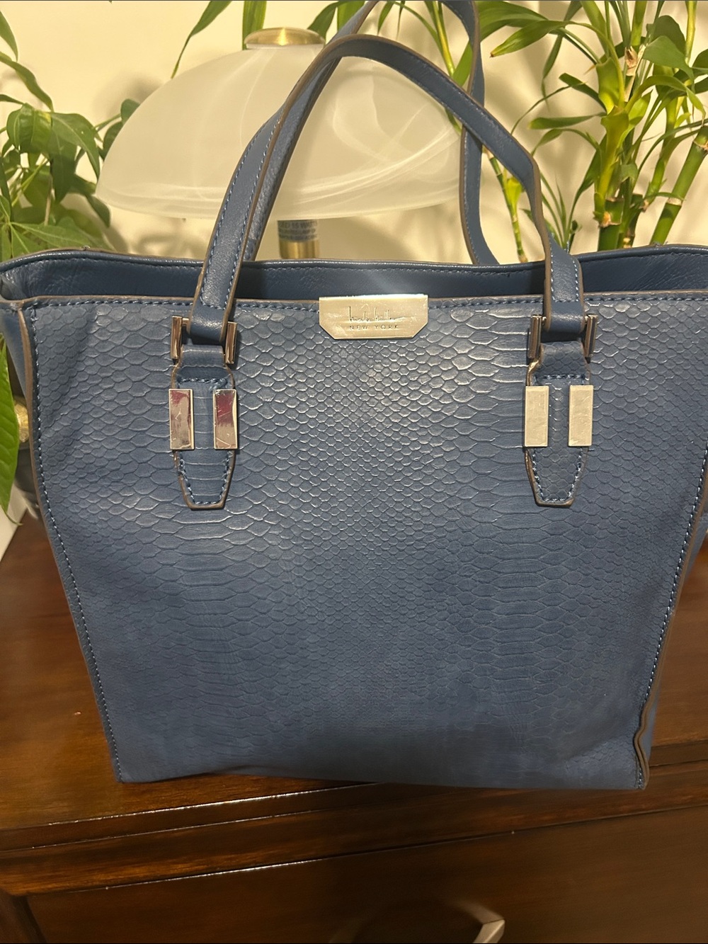 Nicole Miller Navy Blue Textured Tote with Silver Hardware